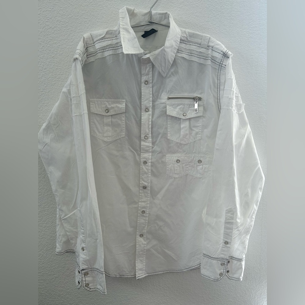 White Button-Up Shirt with Zipper Pocket size L